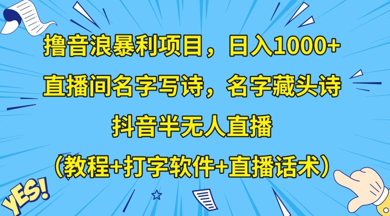 撸音浪暴利项目,日入1000+,直播间名字写诗,名字藏头诗,抖音半无人直播(教程+打字软件+直播话术)【揭秘】