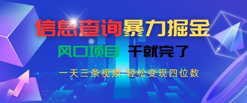 信息查询暴力掘金，一天三条视频，轻松变现四位数，风口项目干就完了