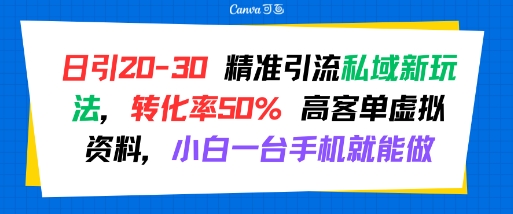 日引 20-30 精准引流私域新玩法,转化率50% 高客单虚拟资料,小白一台手机就能做
