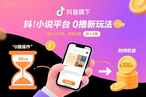 抖音旗下小说平台0撸新玩法,每天挂G60分钟,简单无脑,日入2张