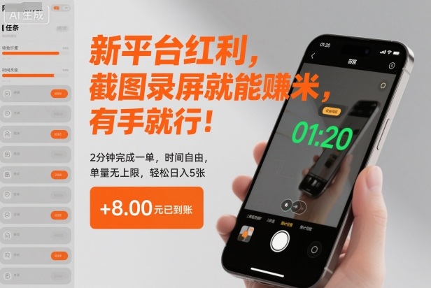 新平台红利,截图录屏就能賺米,有手就行!2分钟完成一单,时间自由,单量无上限,轻松日入5张