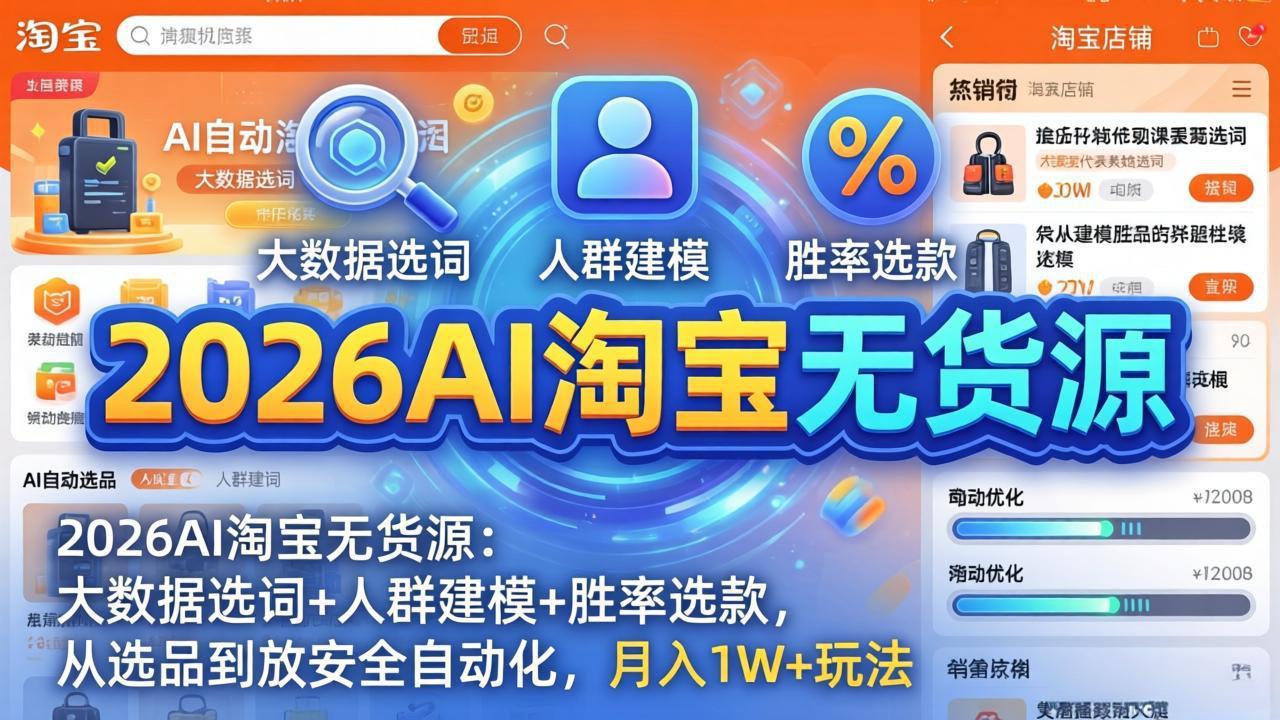 (18046期)2026AI淘宝无货源-4月更新:大数据选词+人群建模+胜率选款,从选品到放大全自动化,月入1W+玩法