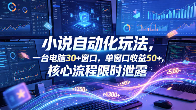 小说挂G自动化玩法，一台电脑30+窗口，单窗口收益50+，核心流程限时泄露