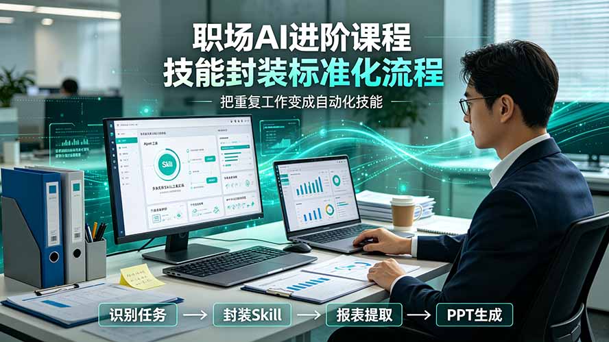 (19369期)职场AI进阶课程;多类实用Skill工具实操,专属技能封装标准化流程,报表行业报告一键提取核心内容