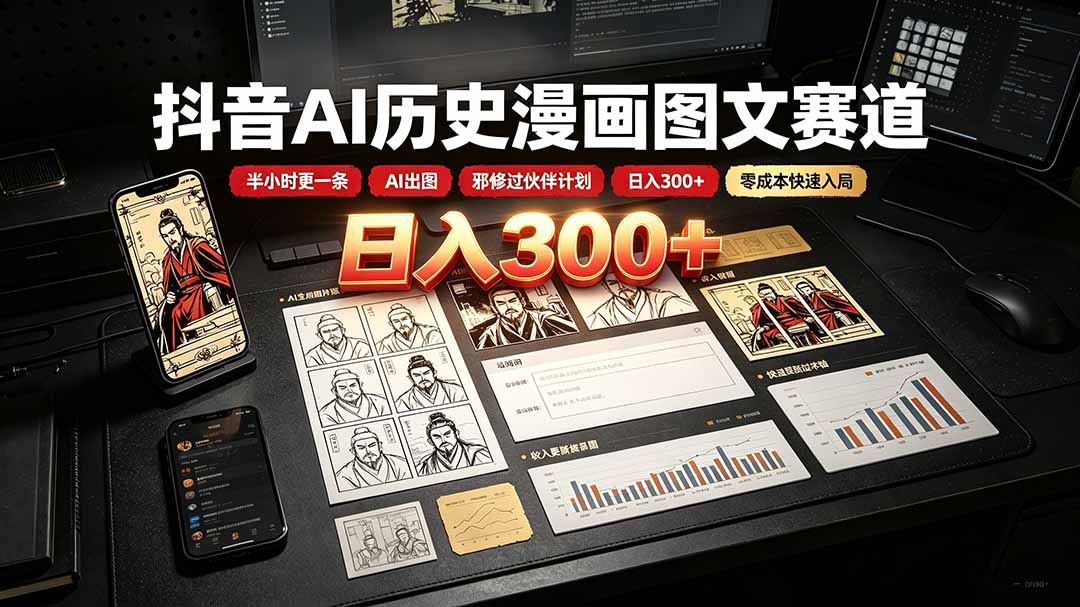 (19498期)抖音AI历史漫画图文赛道:半小时更一条×AI出图×邪修过伙伴计划×日入300+,零成本快速入局