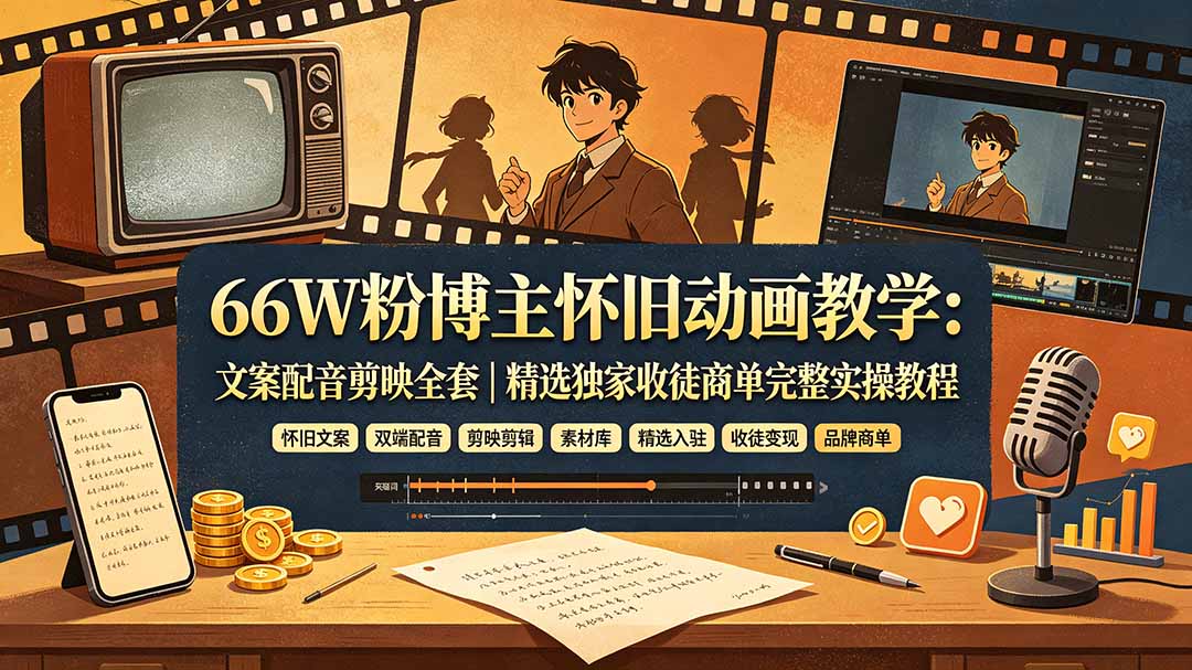 (19499期)66W粉博主怀旧动画教学:文案配音剪映全套|精选独家收徒商单完整实操教程